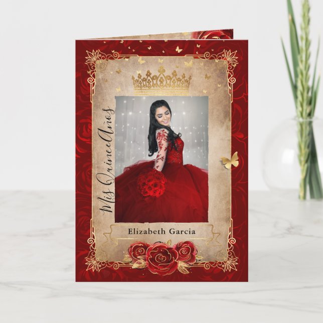 Floral Gold and Red Quinceañera Photo Folded Invitation (Front)
