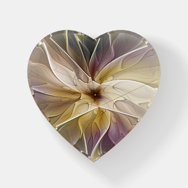 Floral Gold Aubergine Abstract Fractal Art Heart Paperweight (Front)