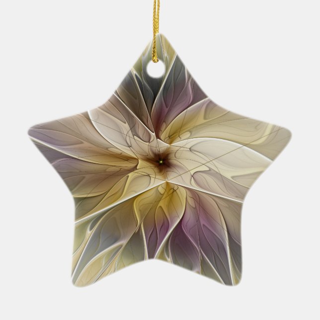 Floral Gold Aubergine Abstract Fractal Art Star Ceramic Ornament (Front)