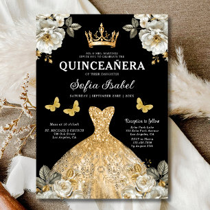Floral Gold Bilingual Spanish Quinceanera Invitation