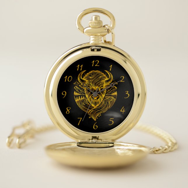 Floral Gold Bison Head Decor Pocket Watch (Inside)