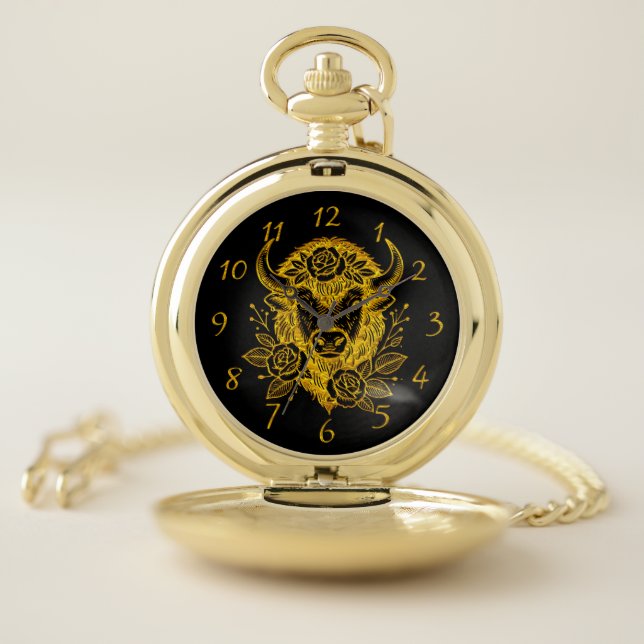 Floral Gold Bison Head Decor Pocket Watch (Inside)
