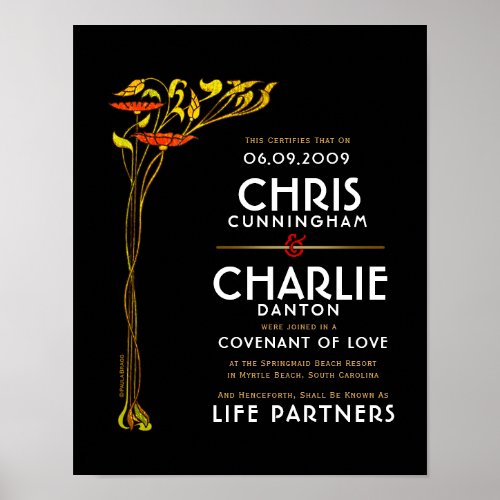 Floral Gold Black Alternative Wedding Certificate Poster