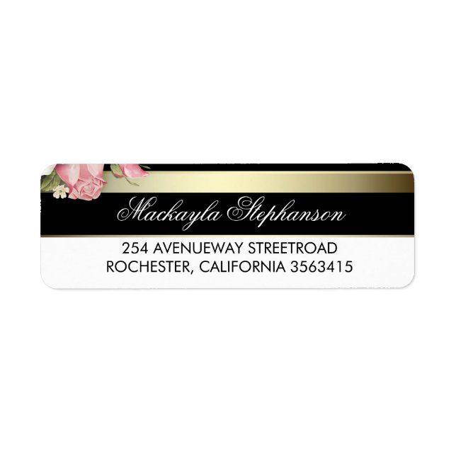 Floral Gold Black and White Stripes Wedding Label (Front)