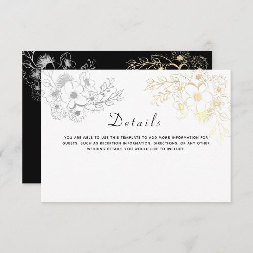 Floral Gold Black and White Wedding Details Enclosure Card