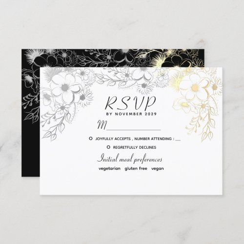 Floral Gold Black and White Wedding RSVP Card