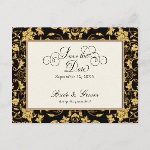 Floral Gold Black Formal Wedding Save the Date Announcement Postcard