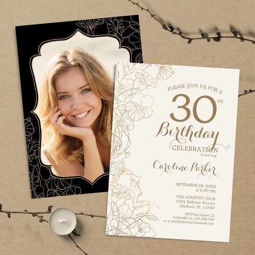 Floral Gold Black Photo 30th Birthday Party Invitation