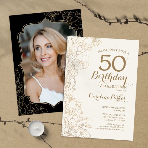 Floral Gold Black Photo 50th Birthday Party Invitation