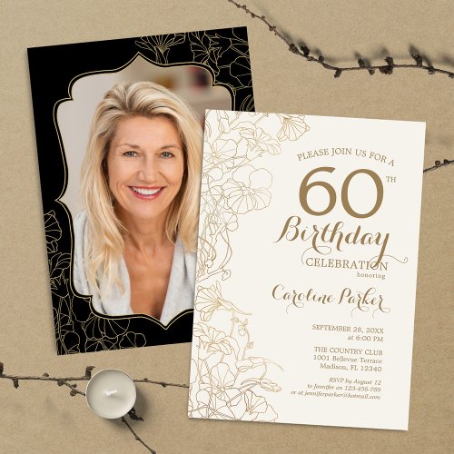 Floral Gold Black Photo 60th Birthday Party Invitation