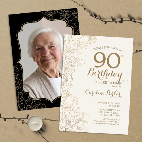 Floral Gold Black Photo 90th Birthday Party Invitation