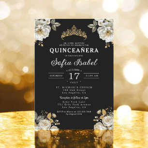 Floral Gold Black Princess Quinceanera Invitation