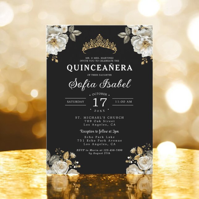 Floral Gold Black Princess Quinceanera Invitation (Creator Uploaded)