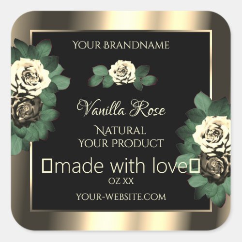 Floral Gold Black Product Labels Green Cream Roses