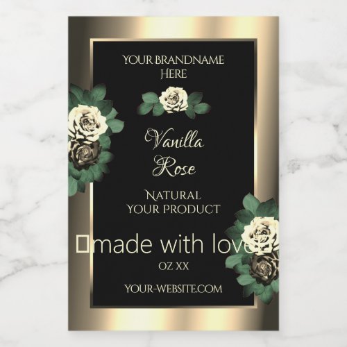Floral Gold Black Product Labels Green Cream Roses