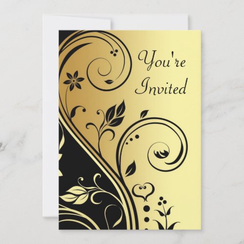 Floral Gold &amp; Black Scroll All Occasion Invitation