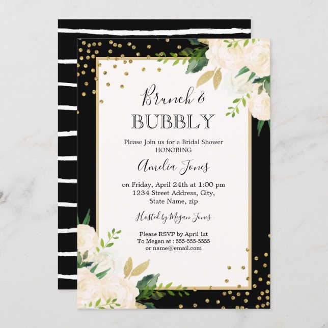 Floral Gold Black Stripes Brunch And Bubbly Shower Invitation (Front/Back)