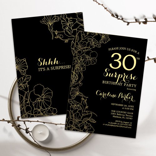 Floral Gold Black Surprise 30th Birthday Party Invitation