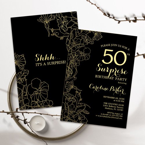 Floral Gold Black Surprise 50th Birthday Party Invitation