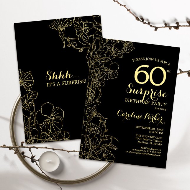 Floral Gold Black Surprise 60th Birthday Party Invitation (Creator Uploaded)