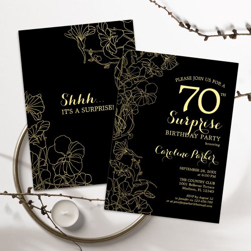 Floral Gold Black Surprise 70th Birthday Party Invitation