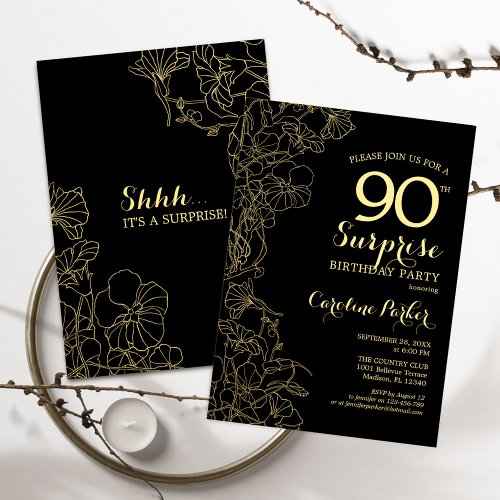 Floral Gold Black Surprise 90th Birthday Party Invitation