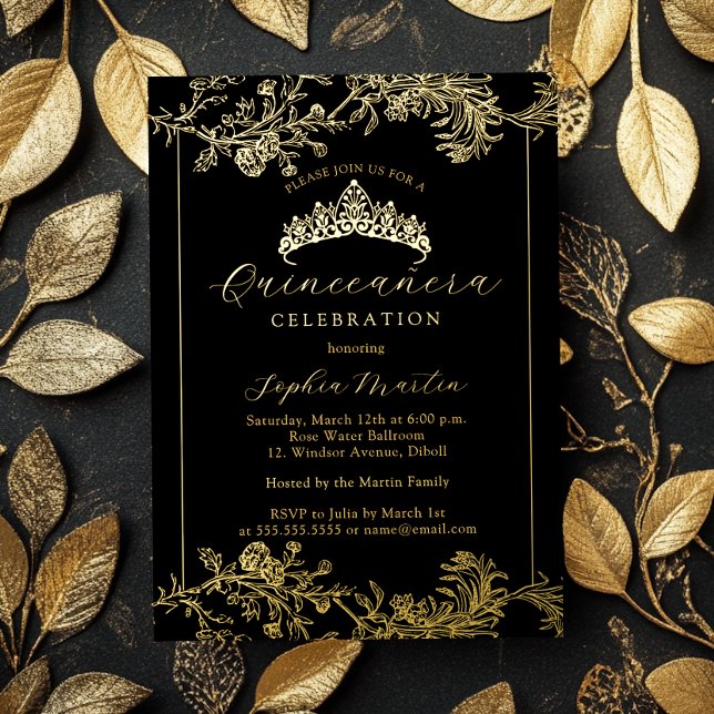 Floral Gold Black Vintage Quinceanera  Foil Invitation (Creator Uploaded)