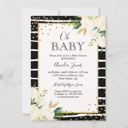 Floral Gold Black White Oh Baby Shower Invitation