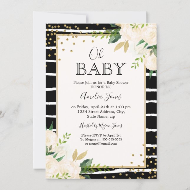 Floral Gold Black White Oh Baby Shower Invitation (Front)