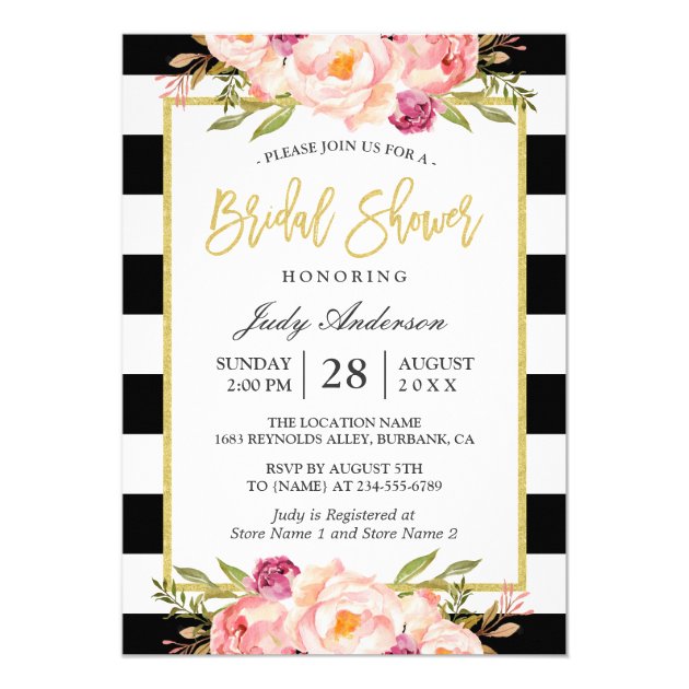 Floral Gold Black White Stripes Bridal Shower Invitation