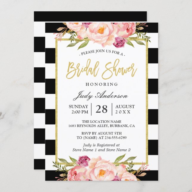 Floral Gold Black White Stripes Bridal Shower Invitation (Front/Back)