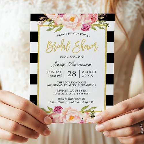 Floral Gold Black White Stripes Bridal Shower Invitation