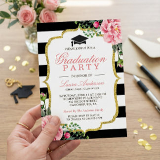 Floral Gold Black White Stripes Graduation Party Invitation