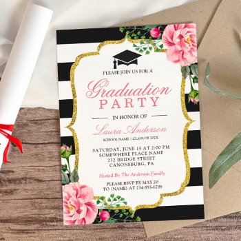 Floral Gold Black White Stripes Graduation Party Invitation by CardHunter at Zazzle