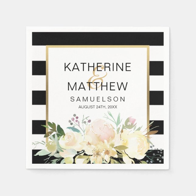Floral Gold Black White Stripes Wedding Napkins (Front)
