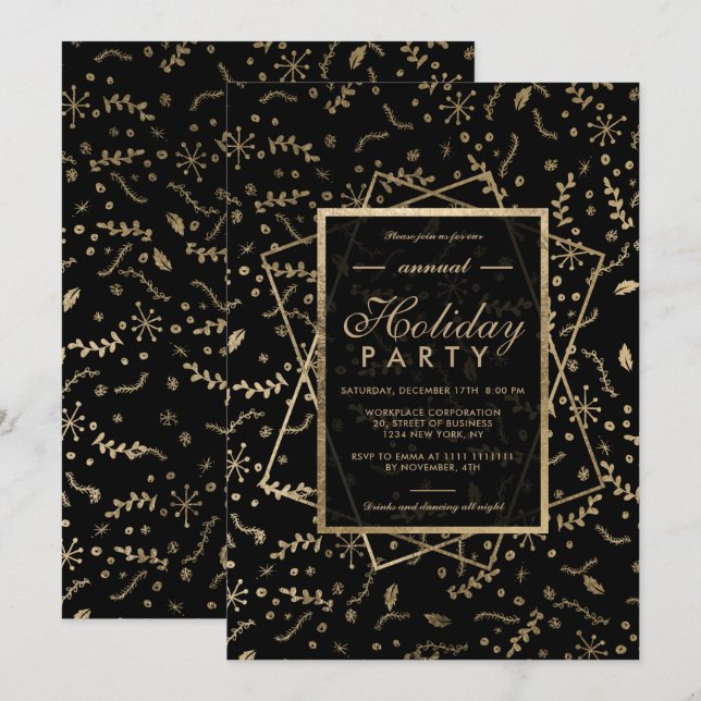 Floral Gold black winter corporate holiday Invitation (Front/Back)