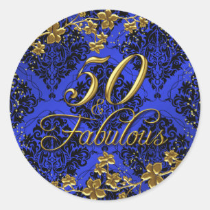 Floral Gold Blue 50 & Fabulous Birthday Sticker 2