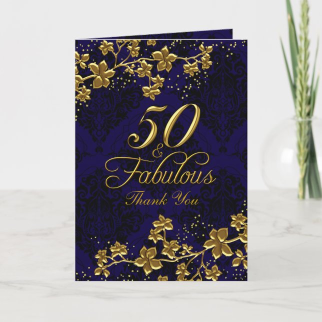 Floral Gold Blue 50 & Fabulous Thank You Card (Front)