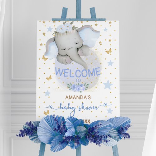 Floral Gold Blue Elephant Cute Baby Boy Shower Foam Board