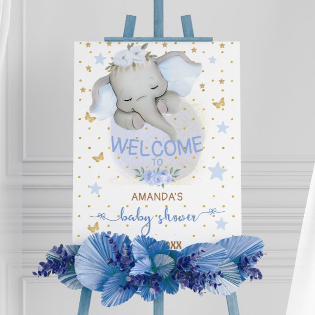 Floral Gold Blue Elephant Cute Baby Boy Shower Foam Board (Creator Uploaded)