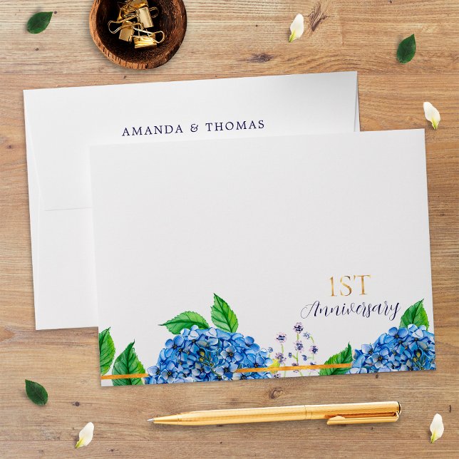 Floral Gold Blue Hydrangea 1st Wedding Anniversary Envelope (Creator Uploaded)