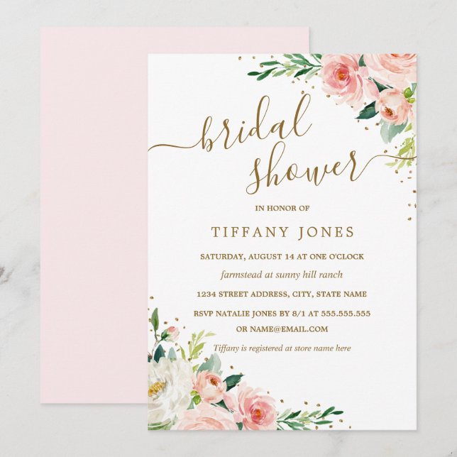 Floral Gold Blush Bridal Shower Invitation (Front/Back)