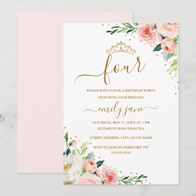 Floral Gold Blush Girl 4th Birthday Party Invitation (Front/Back)