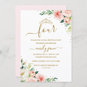 Floral Gold Blush Girl 4th Birthday Party Invitation