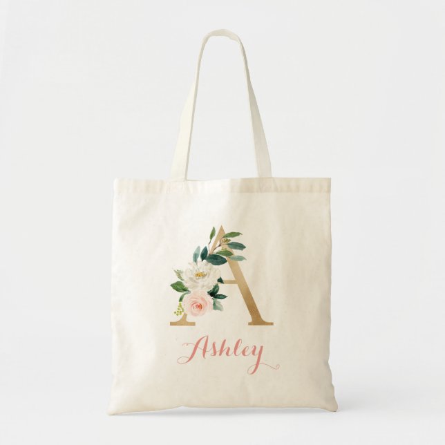 Floral Gold Blush Personalized Letter "A" Tote Bag (Front)