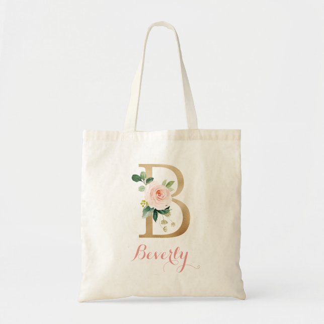 Floral Gold Blush Personalized Letter "B" Tote Bag (Front)