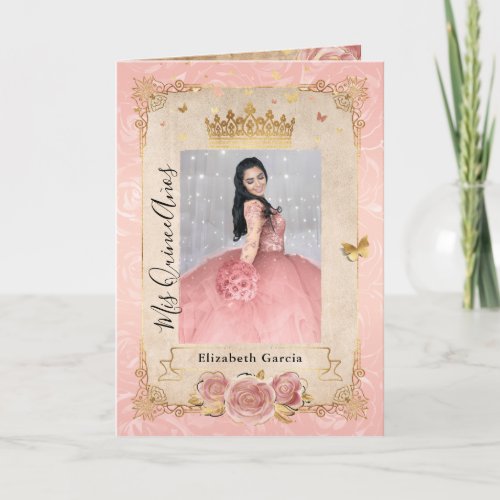 Floral Gold Blush Pink Quinceaera Photo Folded Invitation