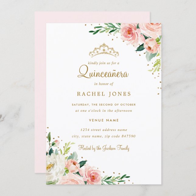 Floral Gold Blush Quinceanera Invitation (Front/Back)