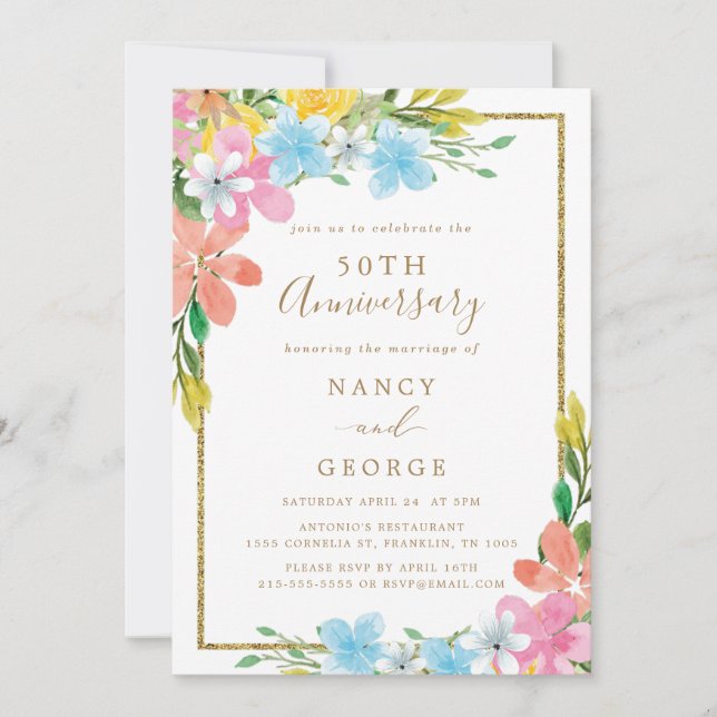 Floral Gold Border 50th Wedding Anniversary Invitation (Front)