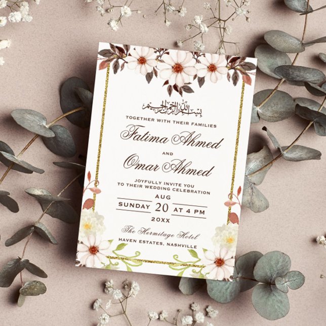 Floral Gold Border Ivory Islamic Muslim Wedding Invitation (Creator Uploaded)